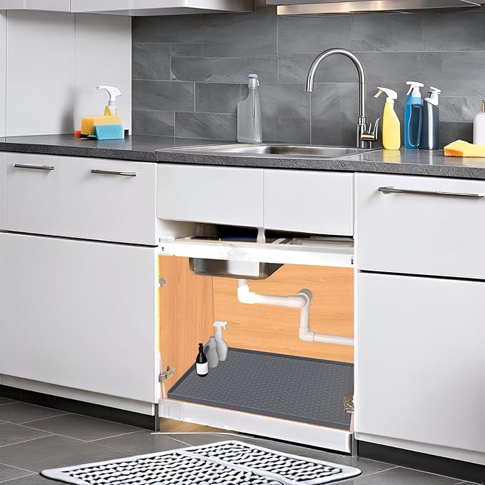 Jacooxi Under Sink Mat 31 x 19, Silicone Under Sink Liner for Kitchen Waterproof Bathroom Cabinet Mat, Grey
