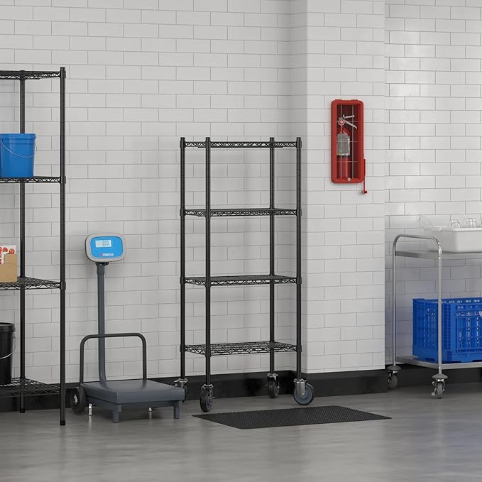 Commercial NSF Listed Black Epoxy Mobile Wire Shelving Kit 14" x 24" x 60", with 4 Shelves Perfect for Warehouse, Walk-in Refrigerator, Freezer, Grocery Store, Restaurant, Dishroom