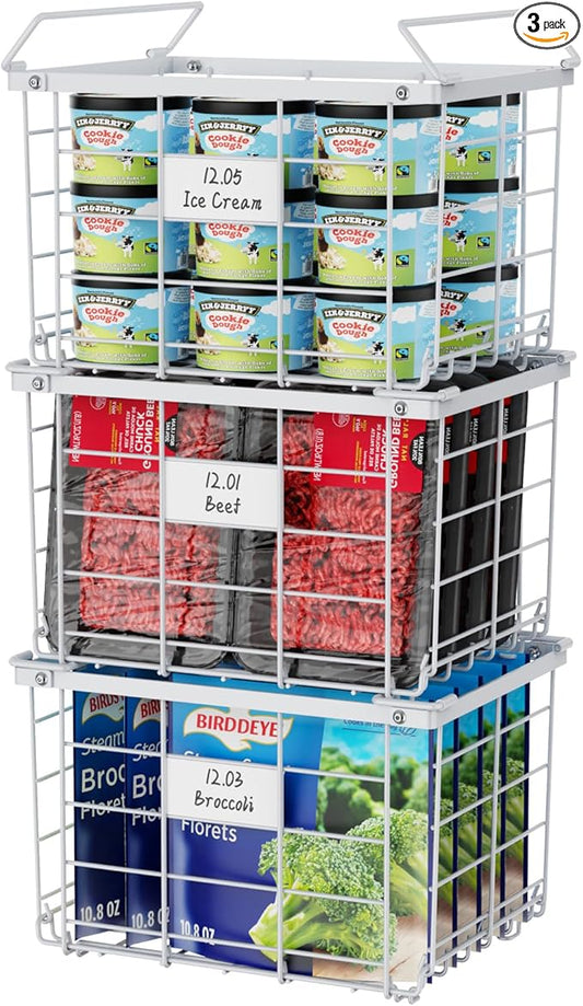 iSPECLE Deep Freezer Organizer Bins - for 3.5 Cu.Ft Chest freezer, 3 Pack Stackable Chest Freezer Organizer with Label Plates & Folding Handles, Heavy Duty Metal Storage, Assembly Required, White