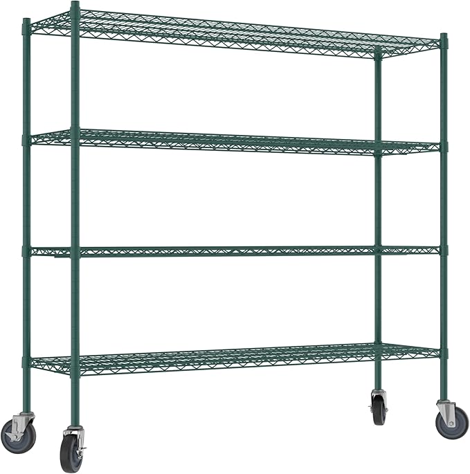 Commercial NSF Listed Green Epoxy Mobile Wire Shelving Kit 18" x 60" x 60", with 4 Shelves Perfect for Warehouse, Walk-in Refrigerator, Freezer, Grocery Store, Restaurant, Dishroom