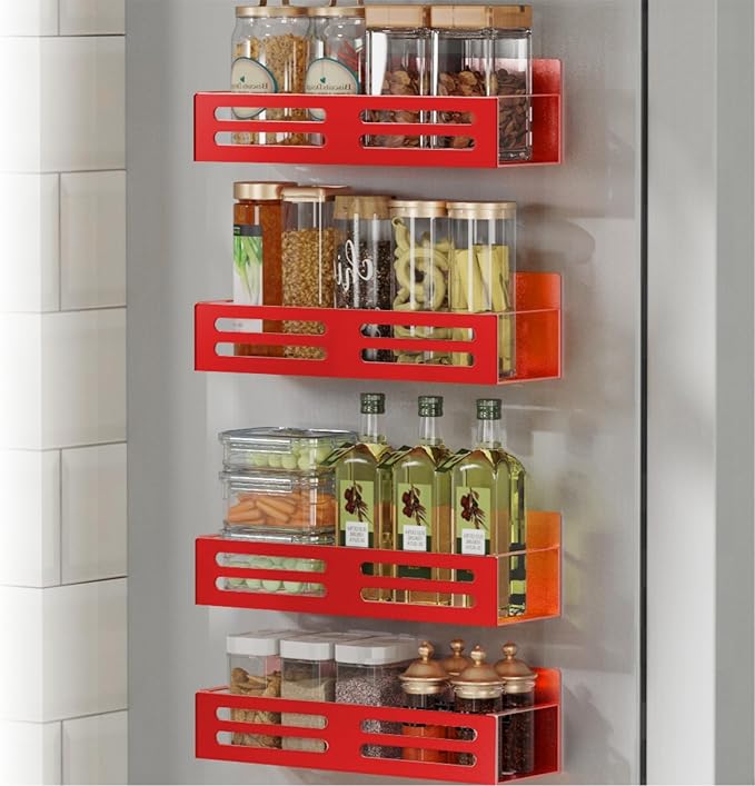 Roysili Magnetic Spice Rack for Refrigerator, Metal Spice Rack Organizer, Magnetic Shelf for Fridge 4Pack Red