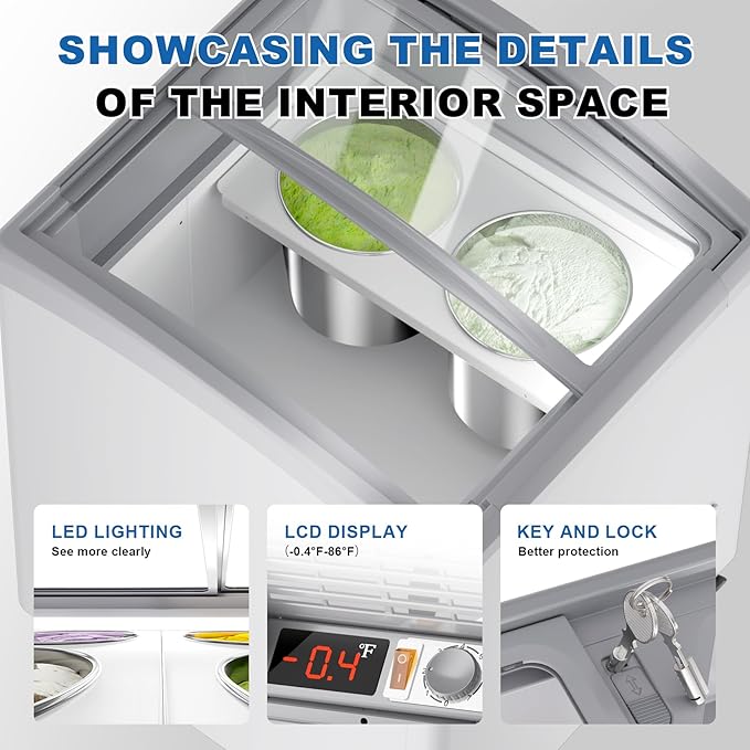 21 in Commercial Ice Cream Freezer 5.5 Cu.Ft Display Case Commercial Freezer with 4 Tubs and 2 Sliding Glass Door for Shop