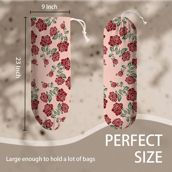 Red Rose Grocery Bag Holder, Trash Grocery Bag Storage Dispenser, Shopping Trash Bags Organizer, Decorative Plastic Bags Holder for Wall Decor, Kitchen Housewarming Gifts for Women