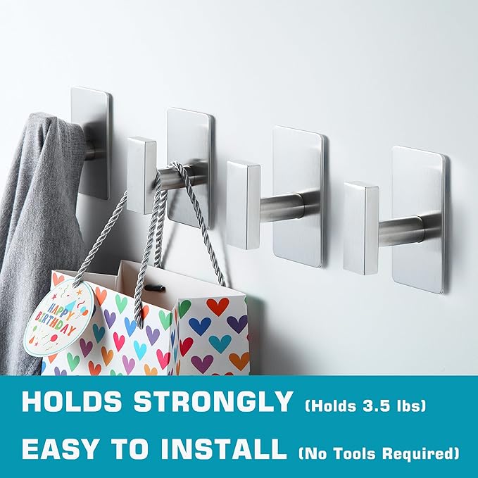 JAAWAN (4-Pack) Adhesive Towel Hooks for Bathroom, Stainless Steel Heavy Duty Sticky Wall Hooks for Bathroom Kitchen Hanging Towels, Coats, Clothes (Brushed Nickel)