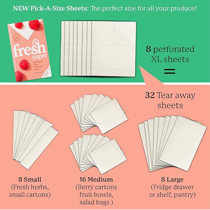 FRESHPAPER Pick-A-Size, Extra-Large, Perforated, 32-Use, Reusable Food Saver Sheets For Produce