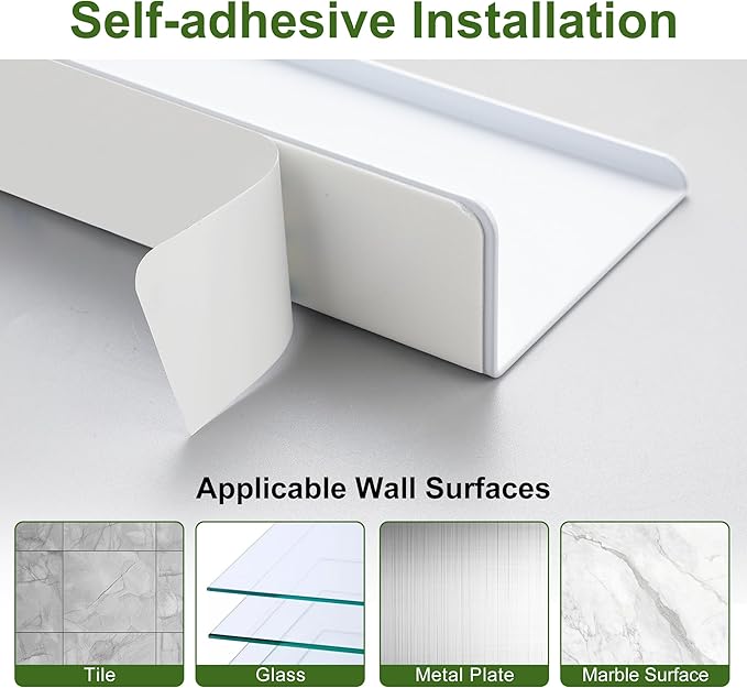 SAYAYO White Floating Shelves for Wall Storage, 8 Inch Adhesive Wall Shelves for Bedroom Decor, Small Display Bathroom Shelf Organizer for Kitchen, Living Room, Office, 2pcs