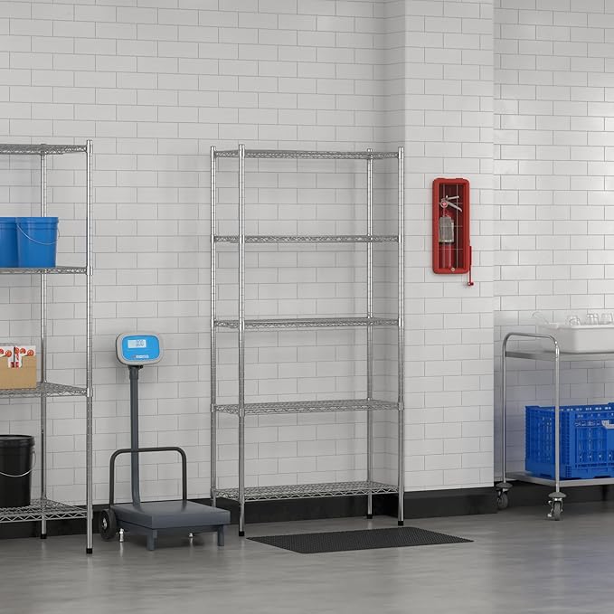 Commercial NSF Listed Chrome Stationary Wire Shelving Kit 14" x 36" x 74", with 5 Shelves Perfect for Warehouse, Walk-in Refrigerator, Freezer, Grocery Store, Restaurant, Dishroom