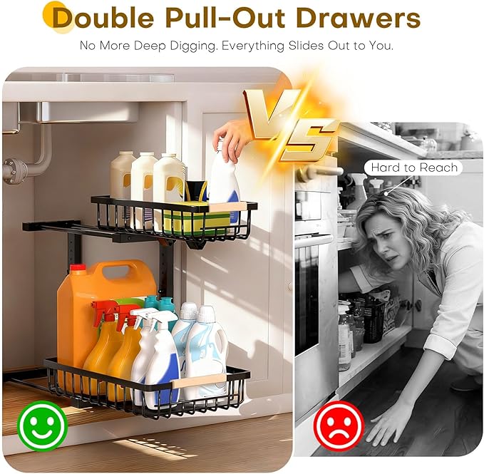 ZELOREA Under Sink Organizer, 2 Tier Pull Out Under-Sink Shelves, Adjustable Height (13.8" -16.9"), Sturdy Metal Storage Organizer for Bathroom Kitchen Pantry Cabinet (2 Packs, Black)