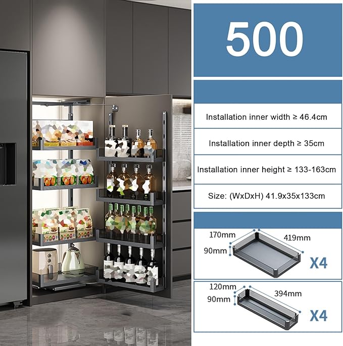 WIGING 4-Tier Narrow Cabinet Pull-Out Basket, High Cabinet Pull-Out Storage Rack with Adjustable Dividers for Kitchen Bathroom Pantry, Single-Layer Load Capacity: 15kg(41.9x35x133cm)