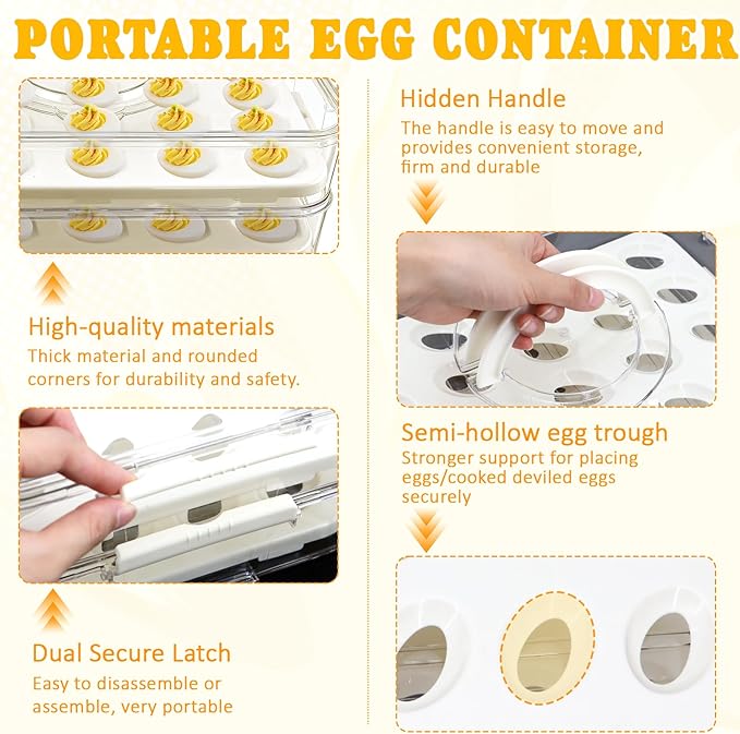 Lignumix Egg Holder for Fridge,Deviled Egg Containers with Lid & Handle (2 Layer Snap-on) PET Thickened Eggs Organizer Inc Egg Slicer,Kitchen Tongs,Silicone Spatula,Piping Decorating Kit