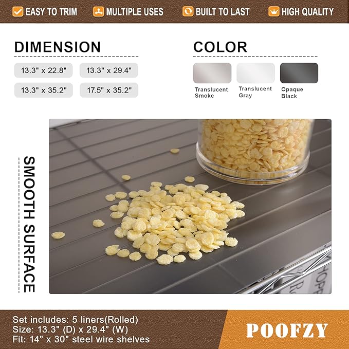 Poofzy Wire Shelf Liner 14 x 36, Set of 5 Shelf Liners for Wire Shelving Plastic Non-Adhesive for Pantry, Kitchen Cabinets (Gray)