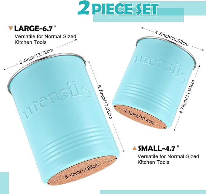 2 Pack Kitchen Utensil Holder for Counter 6.7"+4.7" Farmhouse Cooking Utensil Crock with Cork Bottom Modern Farmhouse Decors Countertop Storage Organizer Caddy Housewarming Gift(Turquoise)