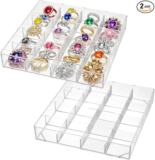 Rainmae 2 Pack 16 Grids Jewelry Organizer Box Clear Plastic Bead Craft Jewelry Organizer Display Tray Rock Collection Box Stackable Acrylic Storage Case for Rings Earrings Necklaces Rhinestone