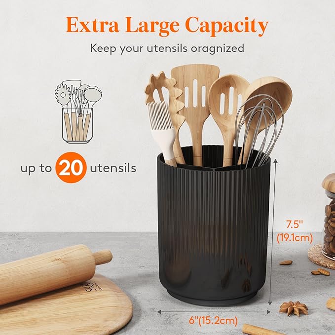 Lifewit 7.5" Plastic Utensil Holder for Kitchen Counter, Cooking Silverware Caddy with Non-Slip Rotating Base, 3 Compartment Spoon Spatula Cutlery Flatware Organizer with Dry Draining, Black, 1 Pack
