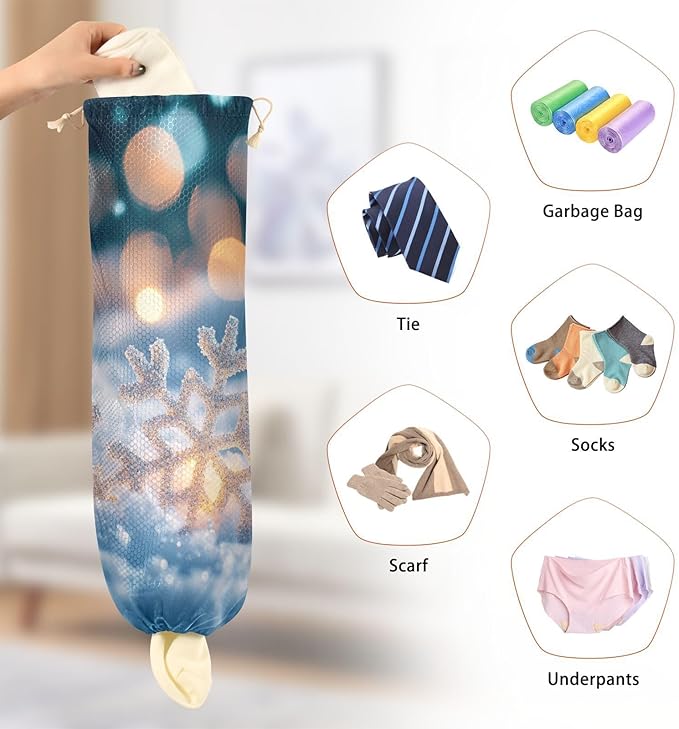 Plastic Bag Holder Wall Mount Grocery Bag Shopping Bag Storage Holder Organizer Dispenser with Adhesive Hook,for Kitchen Bathroom Home Decor 9x22 Inches Christmas Snowflakes Lights Blue40