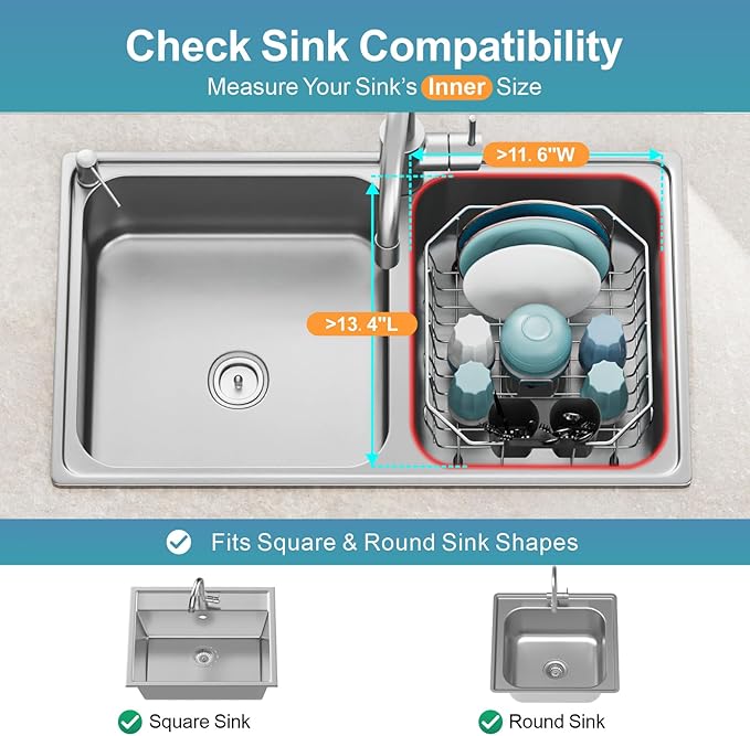 GSlife Small in Sink Dish Drying Rack - Stainless Steel Compact Dish Drainer for RV Kitchen Apartment Sink, Rust Resistant Inside Sink Rack, 1–2 Person Households, 11.6" W x 13.4" L, Silver