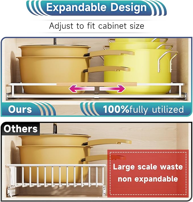 Expandable Pull Out Cabinet Organizer, Adjustable Width 20.5~37.5" W x 22.7" D, Bottom Mount Under Sink Organizer, Under Sink Organizer, Drawer Organizer Slide Out for Pots Pans