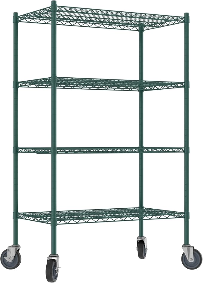Commercial NSF Listed Green Epoxy Mobile Wire Shelving Kit 21" x 36" x 60", with 4 Shelves Perfect for Warehouse, Walk-in Refrigerator, Freezer, Grocery Store, Restaurant, Dishroom