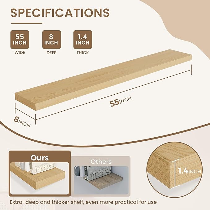 Dreamland 55 Inches Floating Shelves for Wall, 8" Deep Long Floating Shelves Set of 1, Large Display & Storage Shelf, Wall Shelf for Bathroom Bedroom Living Room Kitchen Office, Oak
