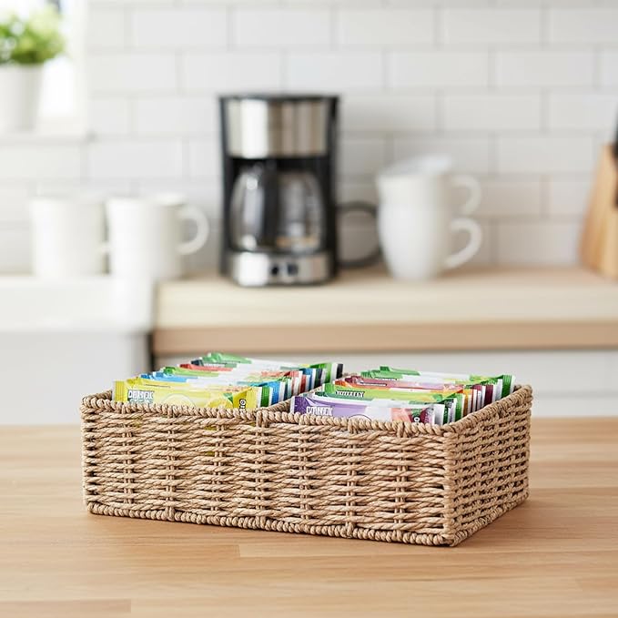 Drink Packet Organizer, Water Flavor Packets Container with 4 Compartments, Sugar Packet Holder, Wicker Snack Bar Organizer, Pantry Organizers and Storage