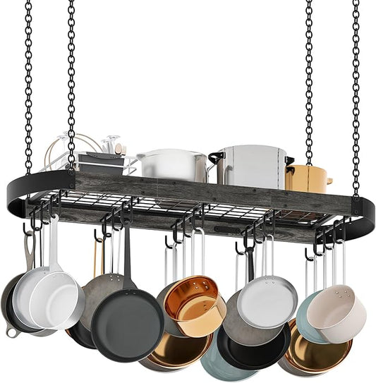 39.4-Inch Hanging Pot Rack, Space-Saving Pot Hanger for Kitchen, Ceiling Pan Hanging Rack with 16 Detachable S Hooks, Sturdy Metal Frame, Industrial Style, Charcoal Black and Black TPR10BC
