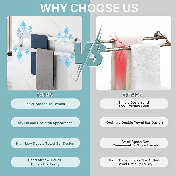 Alise Double Towel Bar 24", SUS304 Stainless Steel Towel Racks for Bathroom Wall Mounted, Heavy Duty Bathroom Towel Holder, Space Saving Towel Hanger, Polished Chrome