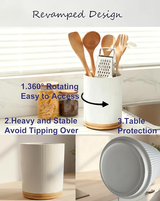 Utensil Holder 360°Rotating for Kitchen Countertop, 7.9'' Ceramic Large Cooking Utensil Crock with wododen for Counter Decor,Morden Utensil Organizer for Spatula, White