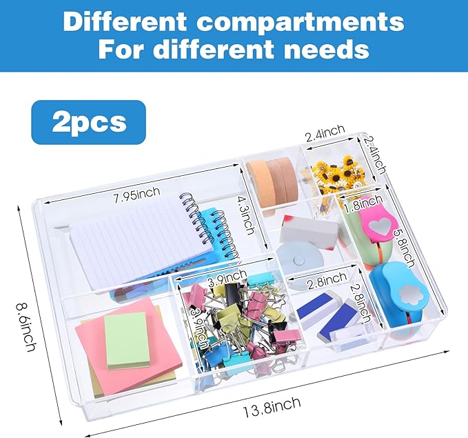 2Pcs 8-Section Clear Drawer Organizer, Large Acrylic Drawer Divider Tray for Desk,Bathroom,Office Makeup,Junk, Plastic Drawers Organizer 13.7" x 8.7" x 2"