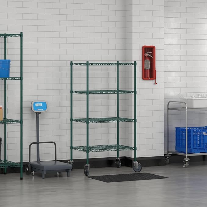 Commercial NSF Listed Green Epoxy Mobile Wire Shelving Kit 21" x 30" x 60", with 4 Shelves Perfect for Warehouse, Walk-in Refrigerator, Freezer, Grocery Store, Restaurant, Dishroom