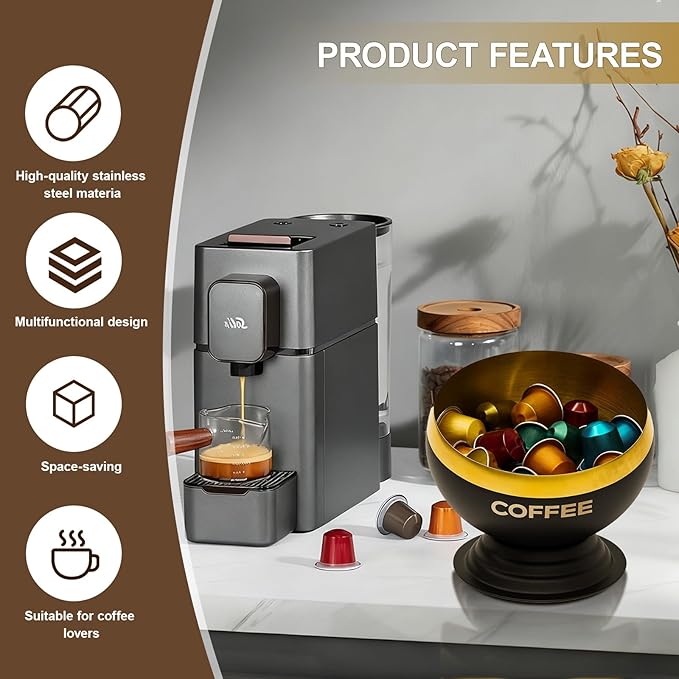Coffee Pod Holder, Black & Gold Metal Coffee Pod Storage, Capsule Container Bowl, Coffee Pod Organizer for Kitchen Counter and Office Desktop (Black+Gold)