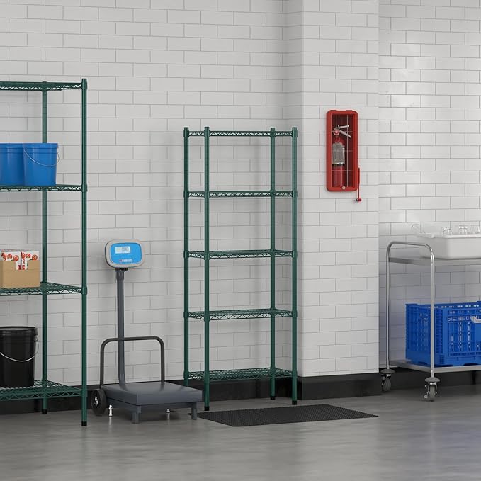 Commercial NSF Listed Green Epoxy Stationary Wire Shelving Kit 12" x 24" x 64", with 5 Shelves Perfect for Warehouse, Walk-in Refrigerator, Freezer, Grocery Store, Restaurant, Dishroom
