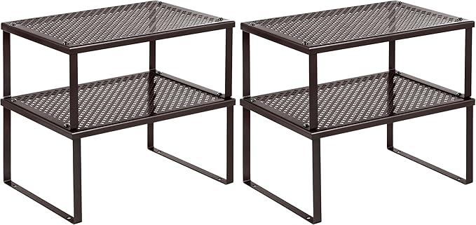 SONGMICS Spice Rack, Cabinet Shelf Organizers, Shelf Organizer, Countertop Organizer, Shelf Riser, Stackable, Expandable, Set of 2 Metal Kitchen Counter Shelves, Brown UKCS01BR (Pack of 2)