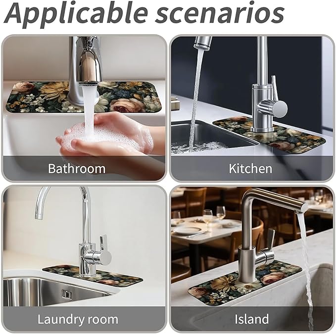 Kitchen Sink Splash Guard，Dark-floral Faucet Mat Sink Gadgets-Super Absorbent Fast Drying Mat Drip Catcher for Kitchen, Bathroom,Sink Mat, Dish Drying Mat, Bathroom(15" X 5.5" )