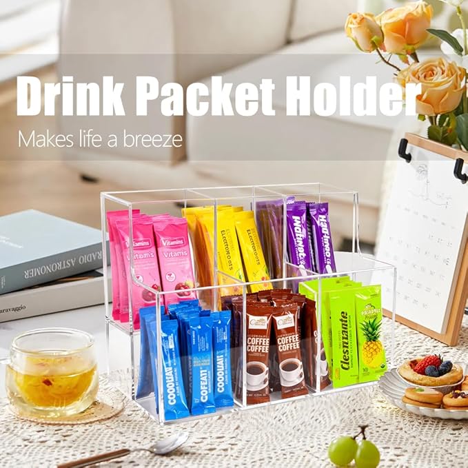 2-Tier Acrylic Drink Packet Organizer for Water Flavor & Hydration Powdered Mixes, Pantry Cabinet Kitchen Storage Holder Container (1 Pack)