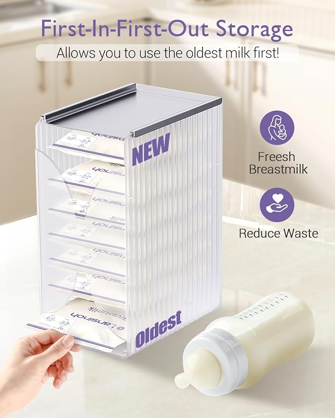 Freeze Organizer and Tower for Breastmilk Storage Bags, First-in First-Out Container Storing System with Quick-Freeze Tray to Freezing Breastmilk, Reusable and Breastfeeding Essentials