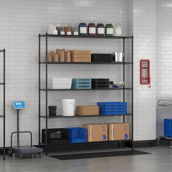 Commercial NSF Listed Black Epoxy Stationary Wire Shelving Kit 14" x 72" x 86", with 5 Shelves Perfect for Warehouse, Walk-in Refrigerator, Freezer, Grocery Store, Restaurant, Dishroom