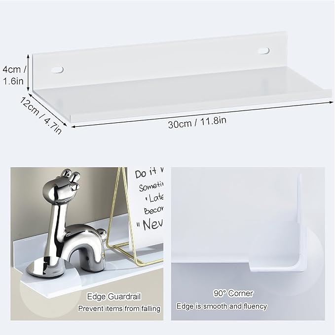 White Adhesive Shower Caddy 30cm, Floating Bathroom Shelves for Wall 2 Pack, Metal Bathroom Wall Shower Shelves Storage Organizer for Kitchen Home