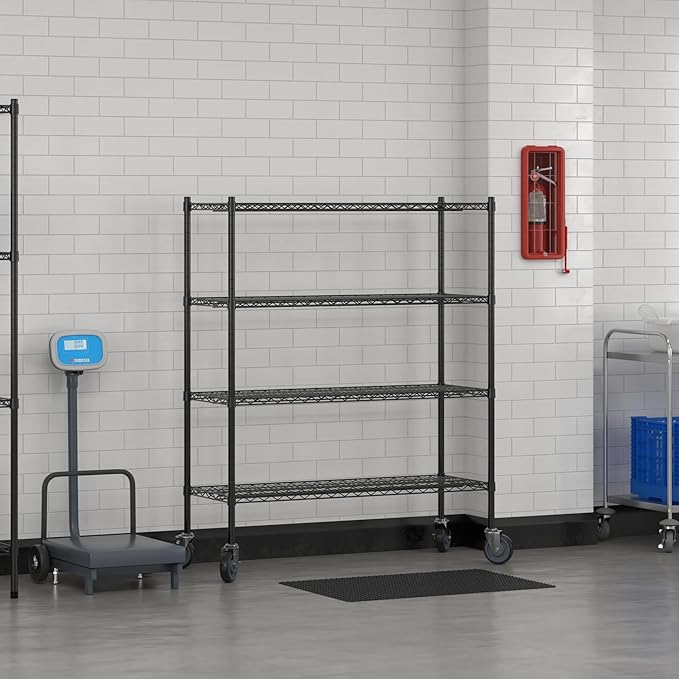 Commercial NSF Listed Black Epoxy Mobile Wire Shelving Kit 18" x 48" x 60", with 4 Shelves Perfect for Warehouse, Walk-in Refrigerator, Freezer, Grocery Store, Restaurant, Dishroom