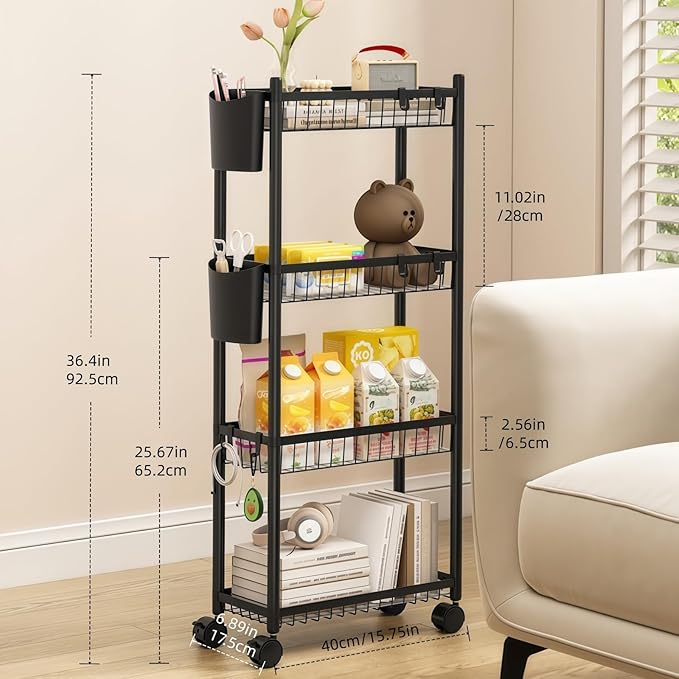 Slim Storage Cart with Wheels, 4 Tier Narrow Rolling Utility Carts, Skinny Metal Bathroom Organizer, Thin Mobile Shelf Unit for Bathroom Kitchen Laundry Room Office Small Spaces, Black