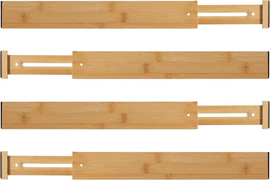 Basicwise 4 Piece Bamboo Expandable Drawer Dividers Adjustable Spring Loaded Organizers for Kitchen Utensils Clothes and Makeup Tools Perfect for Home Organization in Bedroom Bathroom Dresser & Desk
