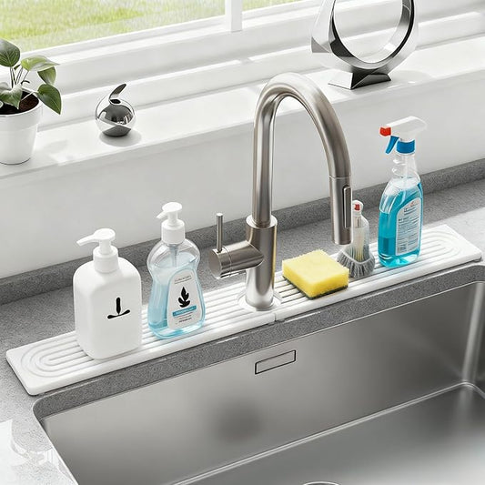 Faucet Mat for Kitchen Sink, Diatomite Drying Stone Mat Sink Protector, Faucet Splash Guard for Bathroom Counter for Bathroom, Laundry, Bar, White, 23.6" x 4"