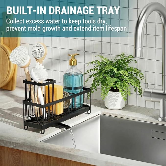 MyGift Modern Matte Black Metal Wire Sponge and Brush Holder Basket with Removable Drainage Tray – Kitchen Sink Caddy Organizer