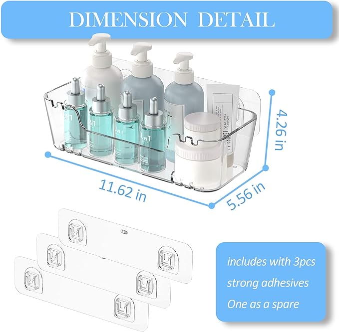 TZAMLI Acrylic Shower Caddy, Wall Mounted Adhesive Shelves with Lip, No Drilling Shower Organizer Clear Shelf for Bathroom Toilet Kitchen Storage, Large Long