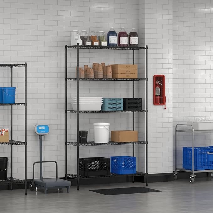 Commercial NSF Listed Black Epoxy Stationary Wire Shelving Kit 18" x 48" x 86", with 5 Shelves Perfect for Warehouse, Walk-in Refrigerator, Freezer, Grocery Store, Restaurant, Dishroom