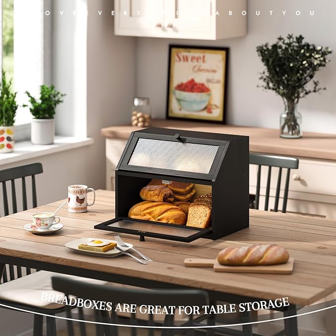 Bread Box for Kitchen Countertop Bin Double Layer Bread Box Storage Container Extra Large Capacity Farmhouse with Diamond Pattern Windows (Black, Large)