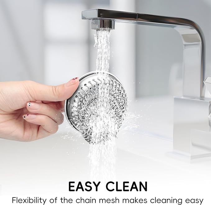 Kitchen Sink Strainer (1-Set Silver): with Adapter, Flexible Insert Chain Mesh Screen. 304 Stainless Steel, Clog-Free Catcher for Universal Sizes (Garbage Disposal)