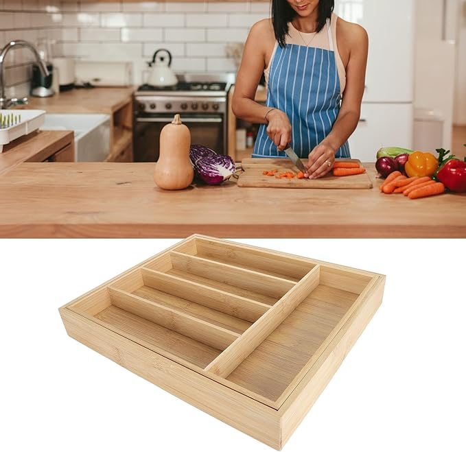 Kitchen Silverware Organizer Expandable for Cutlery and Utensils, Adjustable Wood Utensil Storage Cutlery Tray for Drawers, Kitchen Drawer Organizer Utensil Holder Makeup Organizer with(7 Slots B)