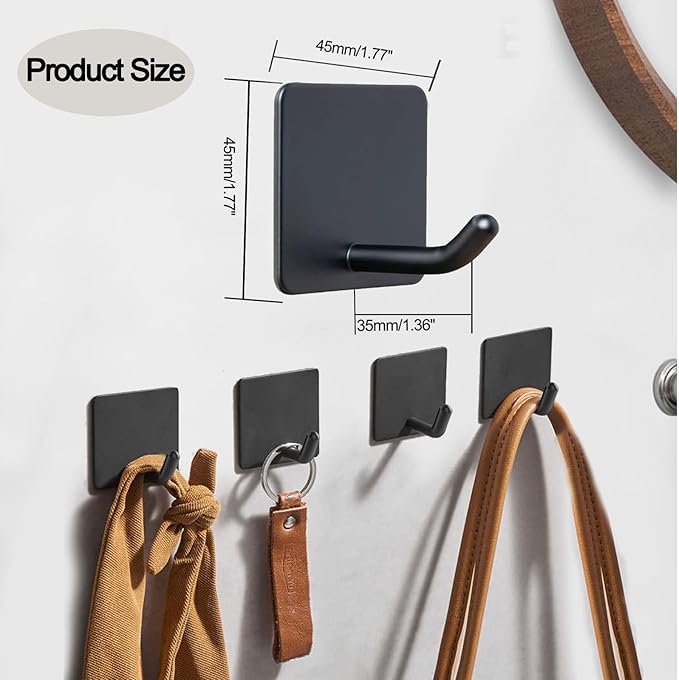EDMILE Adhesive Towel Hooks for Bathrooms, 8 Piece Towel Hooks for Hanging Hat Robe Coat, Stick on Hooks for Kitchens, Strong Self-Adhesive No Damage Sticky Hook, Black