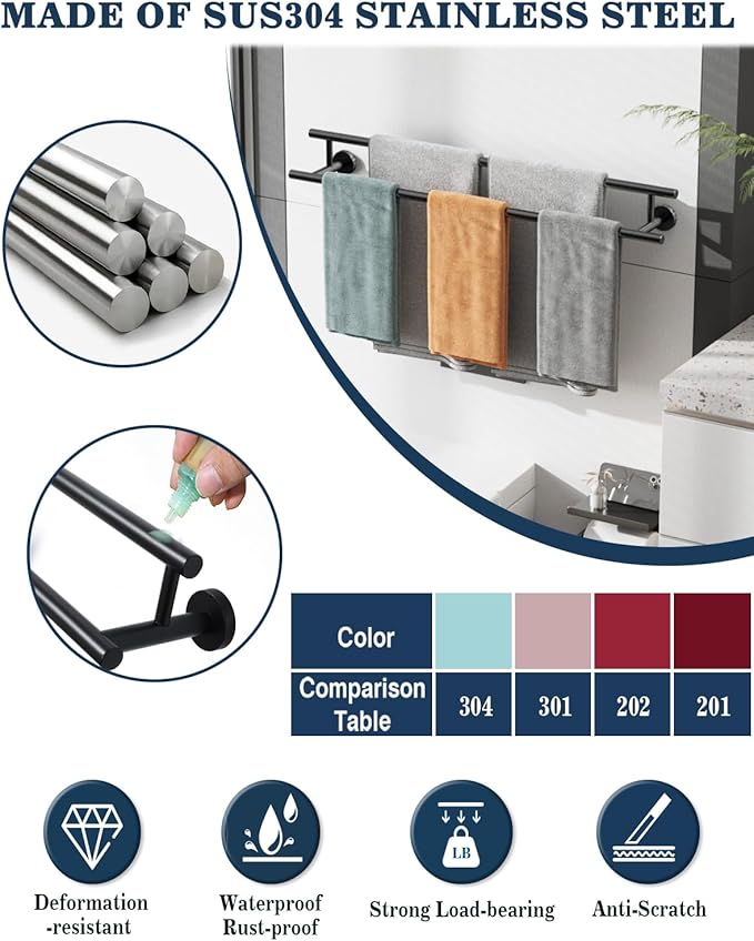 Alise Double Bath Towel Bars,28 Inch Towel Racks for Bathroom,SUS304 Stainless Steel Towel Holder,Sturdy Towel Hanger Wall Mounted,Towel Rod,Robe Towel Hooks,Matte Black Towel Rail,GYT6902-B