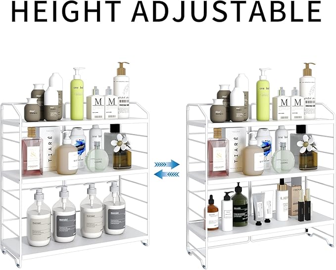 Bathroom Countertop Organizer, 3-Tier Bathroom Counter Organizer, 8-Levels Height Adjustable, Bathroom Organizer for Kitchen, Livingroom, Office Storage, Metal White
